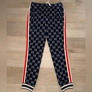 Gucci GG Monogram Print Side Stripe Blue/White Tapered Jogger Pants